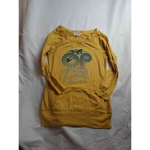 Op Graphic Sweater Womens Size XS Yellow Knit Pullover Surf Beach Retro Casual